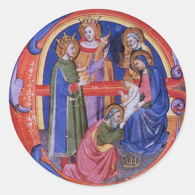 ADORATION OF MAGI CHRISTMAS NATIVITY PARCHMENT CLASSIC ROUND STICKER (Front)