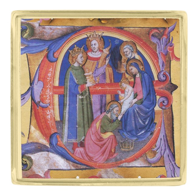 ADORATION OF MAGI CHRISTMAS NATIVITY PARCHMENT GOLD FINISH LAPEL PIN (Front)
