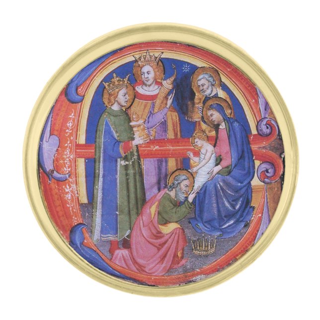 ADORATION OF MAGI CHRISTMAS NATIVITY PARCHMENT GOLD FINISH LAPEL PIN (Front)