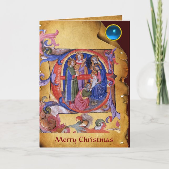 ADORATION OF MAGI CHRISTMAS PARCHMENT Blue Gem Holiday Card (Front)