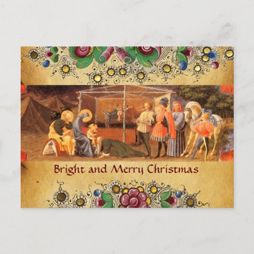 ADORATION OF MAGI GOLD FLORAL CHRISTMAS PARCHMENT HOLIDAY POSTCARD