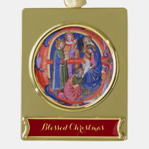 ADORATION OF MAGI NATIVITY CHRISTMAS PARCHMENT GOLD PLATED BANNER ORNAMENT