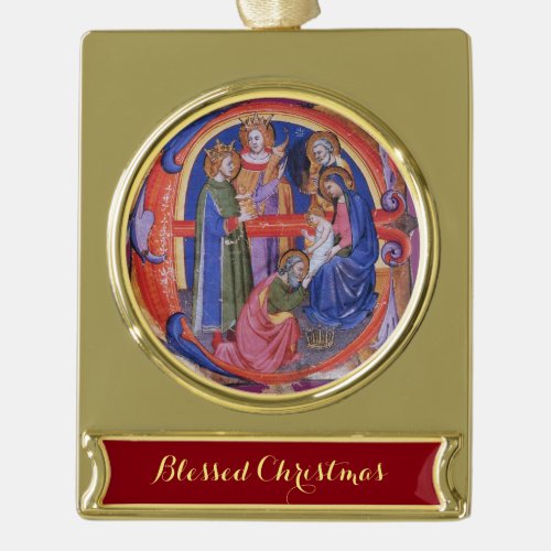 ADORATION OF MAGI NATIVITY CHRISTMAS PARCHMENT GOLD PLATED BANNER ORNAMENT