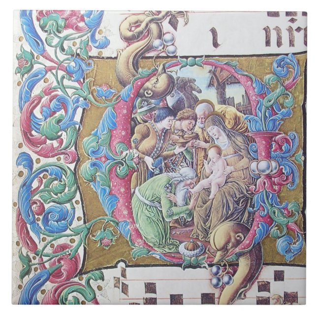 ADORATION OF MAGI , NATIVITY MONOGRAM WITH DOLPHIN CERAMIC TILE (Front)