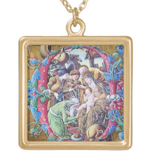 ADORATION OF MAGI , NATIVITY MONOGRAM WITH DOLPHIN GOLD PLATED NECKLACE