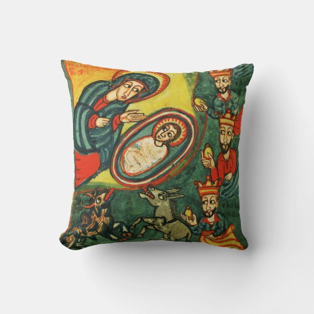 ADORATION OF MAGI ,PRIMITIVE NATIVITY Christmas Throw Pillow (Front)