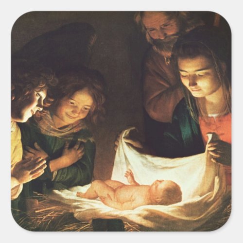 Adoration of the baby c1620 square sticker