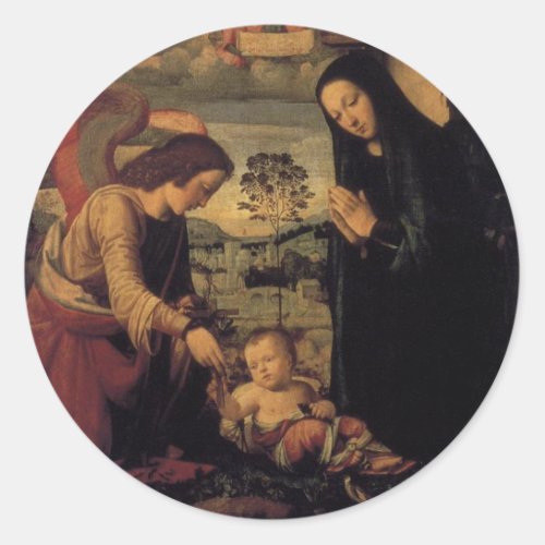 Adoration of the Child with Angel Classic Round Sticker
