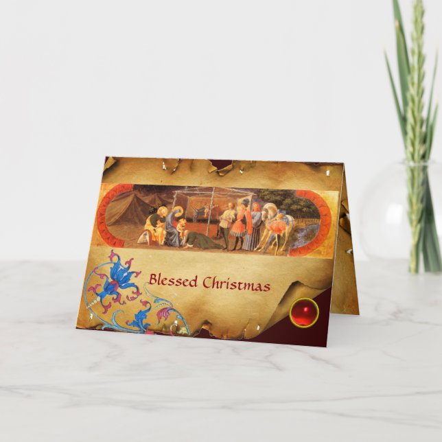 ADORATION OF THE MAGI Floral Parchment, Red Ruby Holiday Card (Front)