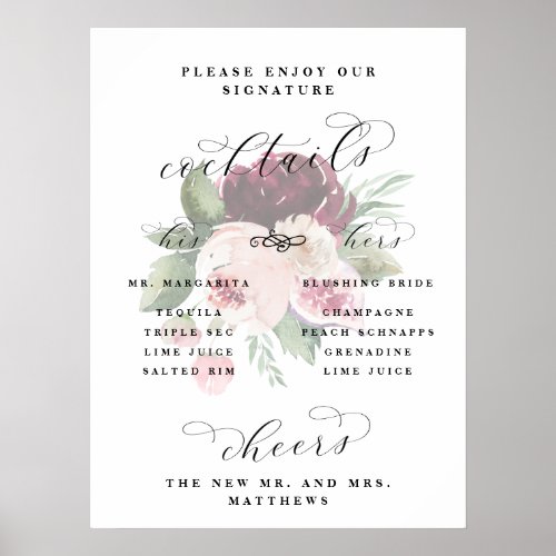 Adore Floral His  Hers Cocktails Wedding Bar Sign