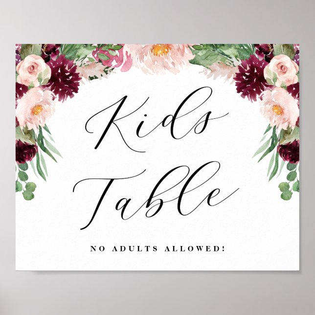 Adore Floral Kids Table Calligraphy Wedding Sign (Front)