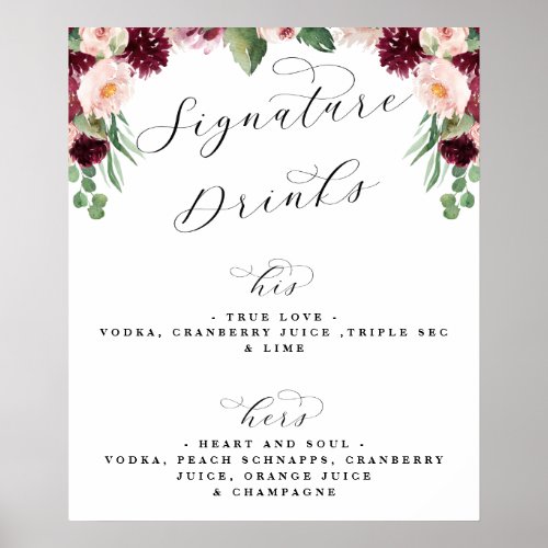 Adore Floral Signature Drink Wedding Bar Menu Sign