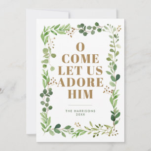 Adore Him Foliage Frame Religious Holiday Card