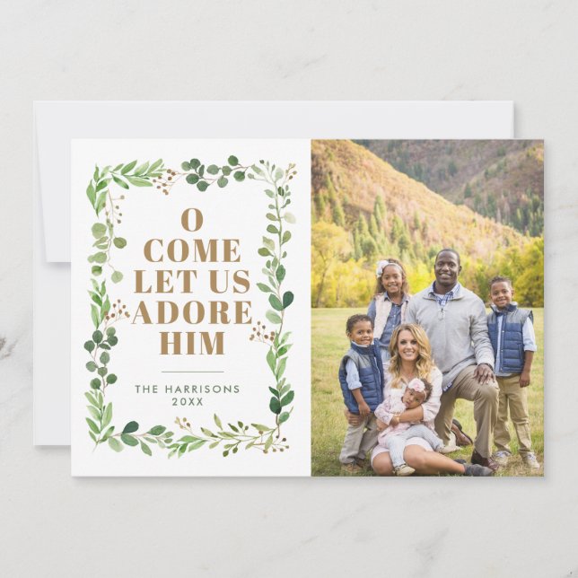 Adore Him Foliage Frame Religious Photo Holiday Card (Front)