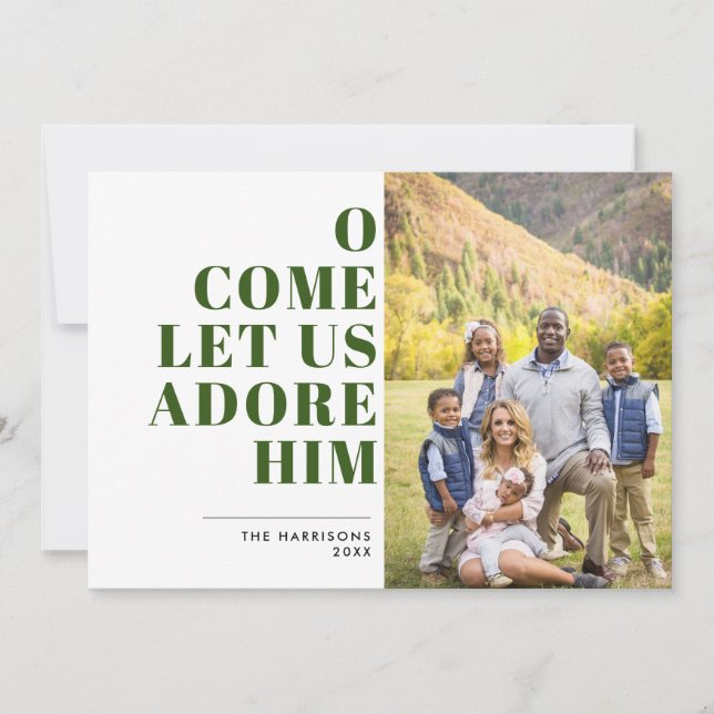 Adore Him Green and White Modern Religious Photo Holiday Card (Front)