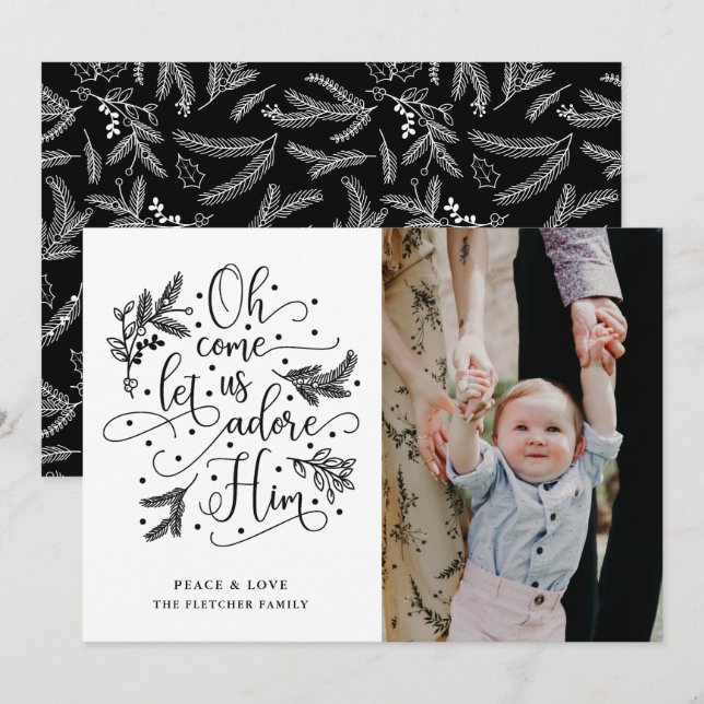 Adore Him | Photo Christmas Flat Card | Black (Front/Back)