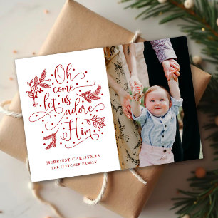 Adore Him Photo Christmas Flat Card Red