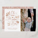 Adore Him Photo Christmas Rose Gold Foil Holiday Card<br><div class="desc">This beautiful photo holiday card features elegant text, reading, "Oh come let us adore Him" in real rose gold foil over a white background. Other design elements include pine boughs, leaves, berries, and little dots. The back of the card contains a matching pine boughs pattern in white over a custom...</div>