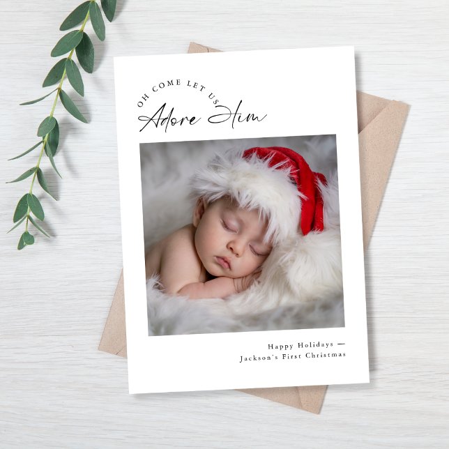 Adore Him Religious Baby’s First Christmas Photo Holiday Card (Creator Uploaded)