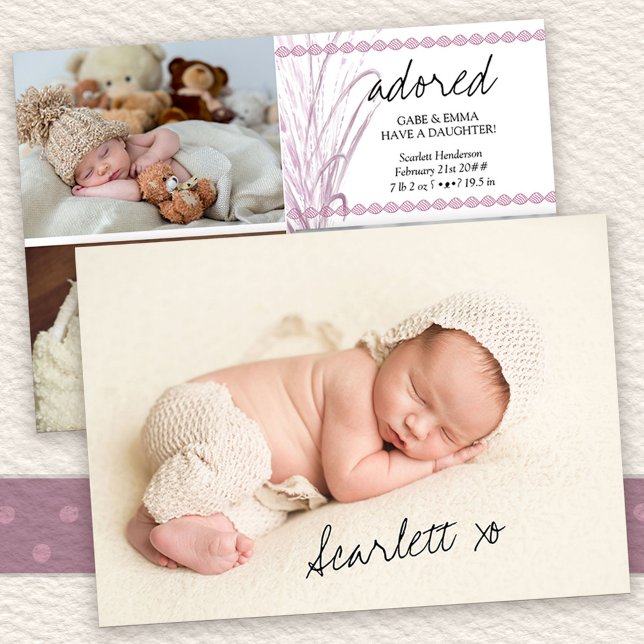 Adored 4 Photo Boho Pink Pampas Grass Birth Announcement (Multi Photo Birth Announcement with signed pic on the back
)