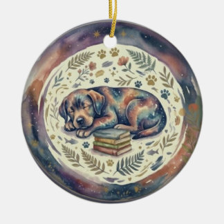 Adorno Navideño Perro Durmiendo con libros Ceramic Ornament