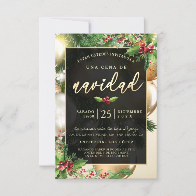 Adornos Dorados Invitación a una Ceña Navideña Invitation (Front)