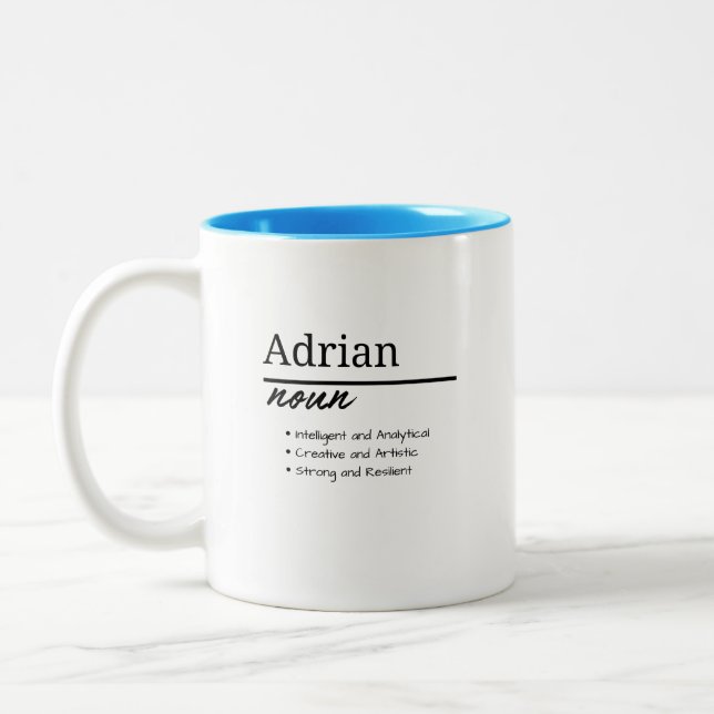 Adrian, Boy Personalized Name Definition Two-Tone Coffee Mug (Left)