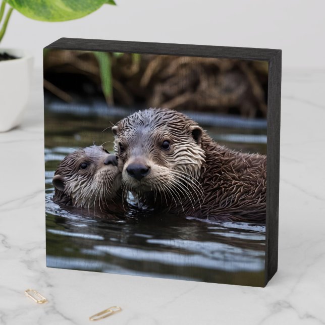 **"Adrift in Love: Mommy and Baby Otter"** Wooden Box Sign (In Situ Horizontal)