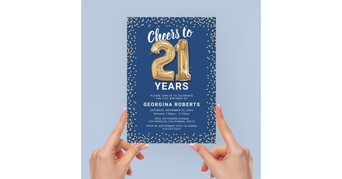 Adult 21st Birthday Blue Gold Invitation | Zazzle