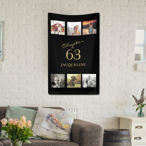 Adult 6 Photo Black And Gold Any Age Birthday Banner