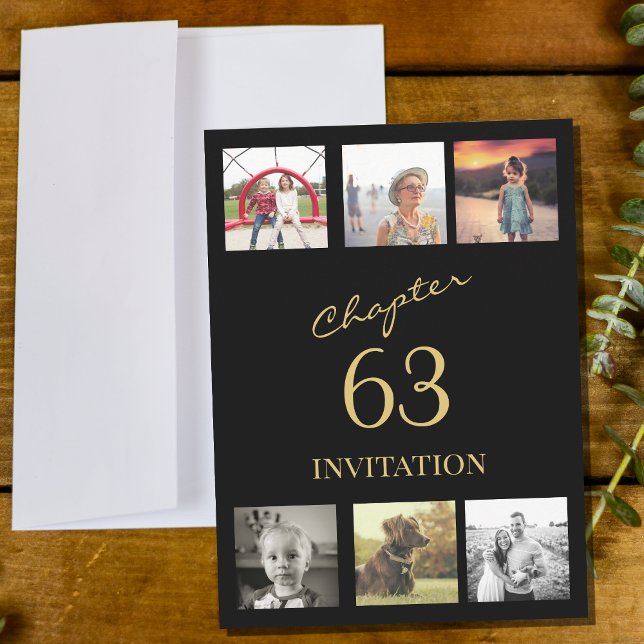 Adult 6 Photo Black And Gold Any Age Birthday Invitation (Black and gold birthday party invitation for any age. Your favorite 6 photos in a collage template.)