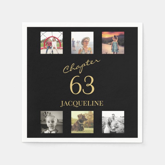 Adult 6 Photo Black And Gold Any Age Birthday Napkins (Front)