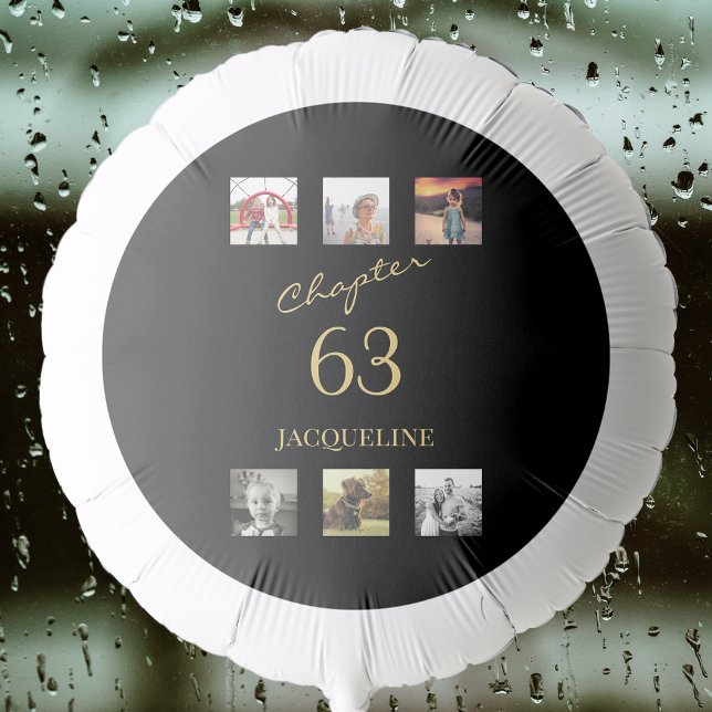 Adult 6 Photo Black Gold Birthday Balloon (Black and gold birthday balloon any age with six photo template.)