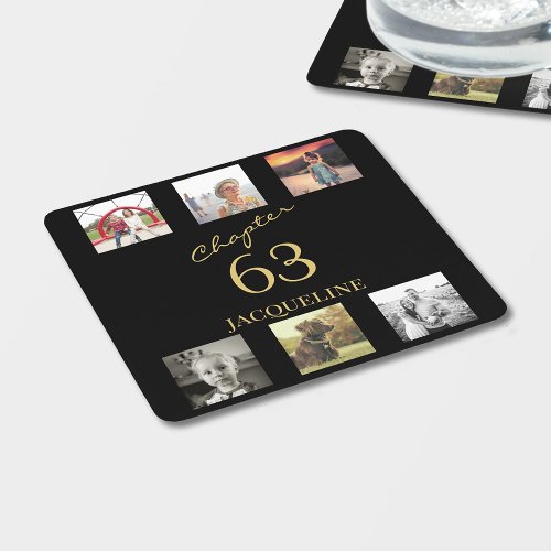 Adult 6 Photo Black Gold Birthday Square Paper Coaster