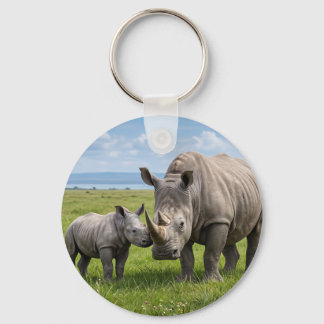 Adult And Baby Rhinos In Green Meadow Photo Enlarg Keychain