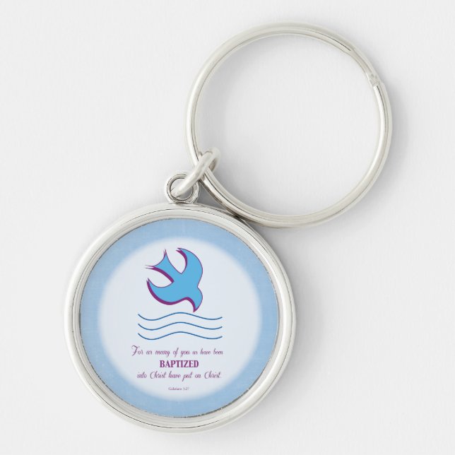 Adult Baptism Dove on Blue Keychain (Front)