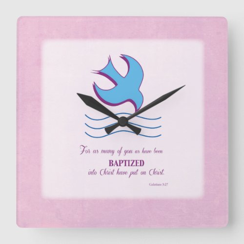 Adult Baptism Dove on Pink Square Wall Clock