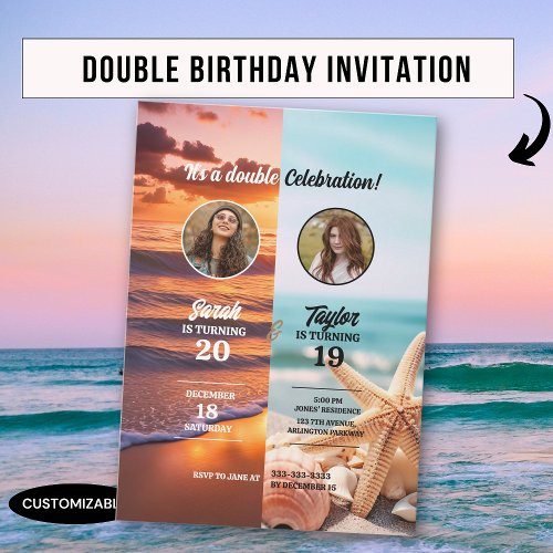 Adult Beach Summer Double Joint Birthday Party Invitation