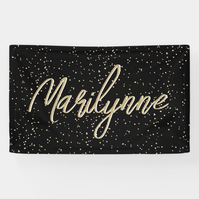 Adult Birthday Black Gold Glitter Name Banner (Horizontal)