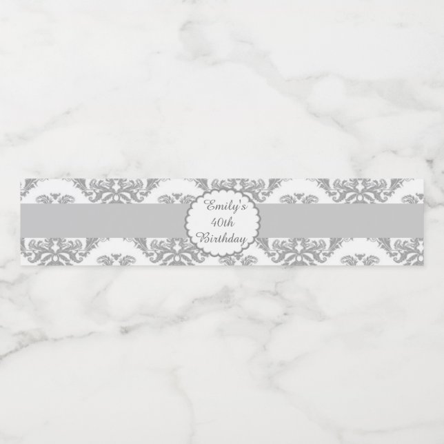 Adult Birthday Bottle Label Silver Grey Damask (Single Label)