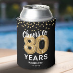 Adult Birthday Cheers to 80 Years Can Cooler<br><div class="desc">Personalized 80th birthday can coolers featuring a stylish black background that can be changed to any color,  glamorous gold sparkly glitter,  eighty gold hellium balloons,  and a simple text template that is easy to personalize.</div>