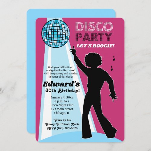 Adult Birthday Disco Party Invitations Hot Pink