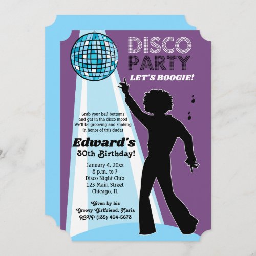 Adult Birthday Disco Party Invitations Purple