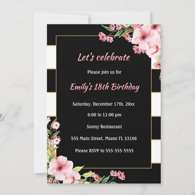 Adult Birthday Invitation Black White Pink Flowers (Front)