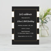 Adult Birthday Invitation Black White Striped Gold (Standing Front)