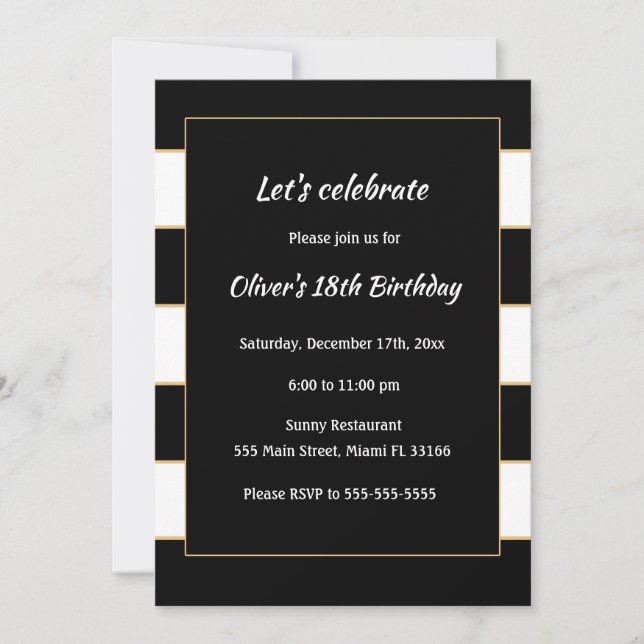 Adult Birthday Invitation Black White Striped Gold (Front)