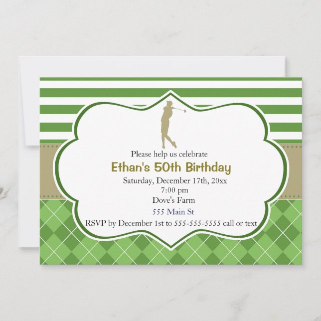 Adult birthday invitation golf green gold (Front)