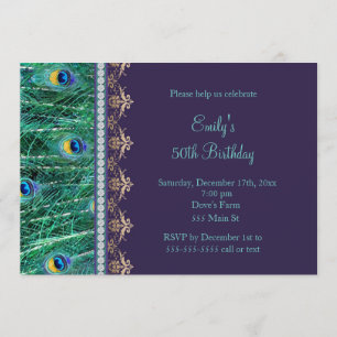 Adult birthday invitation peacock purple gold