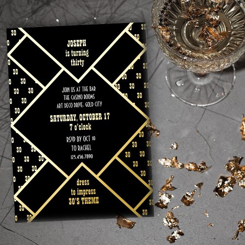 Adult Birthday Party Any Age Black White and Gold Foil Invitation