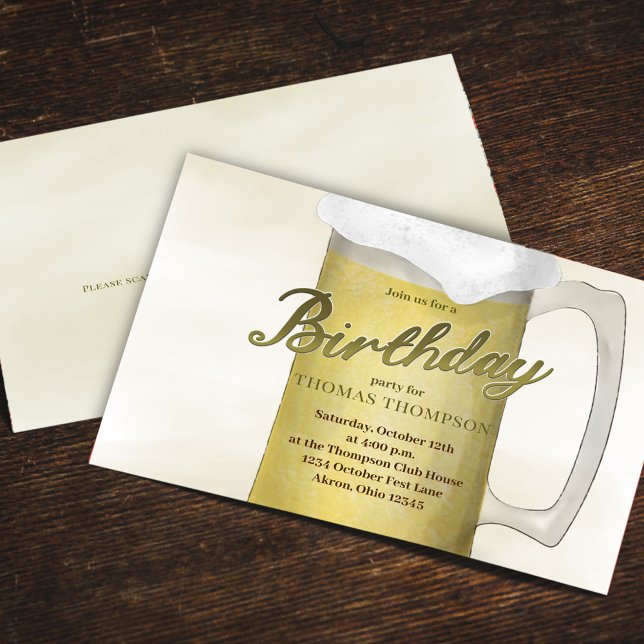 Adult Birthday Party Classic Beer Custom Invitation (Birthday party golden lager beer glass invitation )